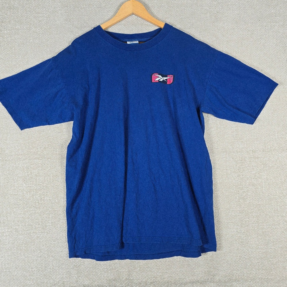 Vintage Reebok Shirt Mens XL Blue Big Vertical Back Logo Graphic‎ Sports Tee Y2K